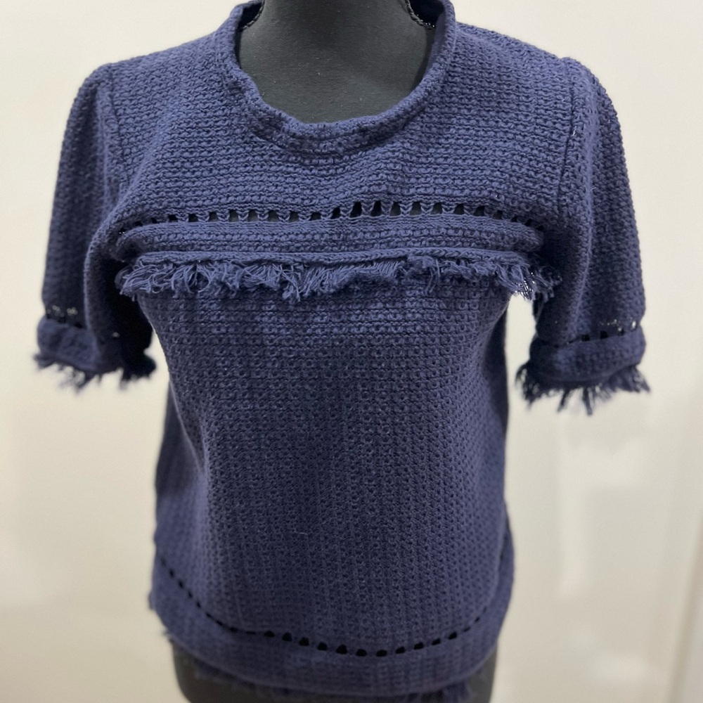 J. Crew Deep Navy Blue Textured Womens Knit Fringe Sweater 100% Cotton Small